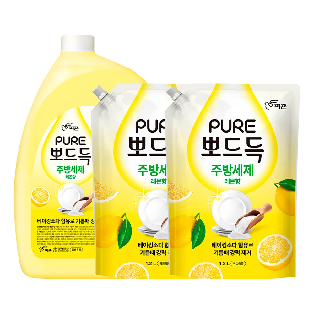 피죤 퓨어 뽀드득 주방세제 3L + 1.2L x 2개 [레몬/자몽/솔잎] (업체별도 무료배송)