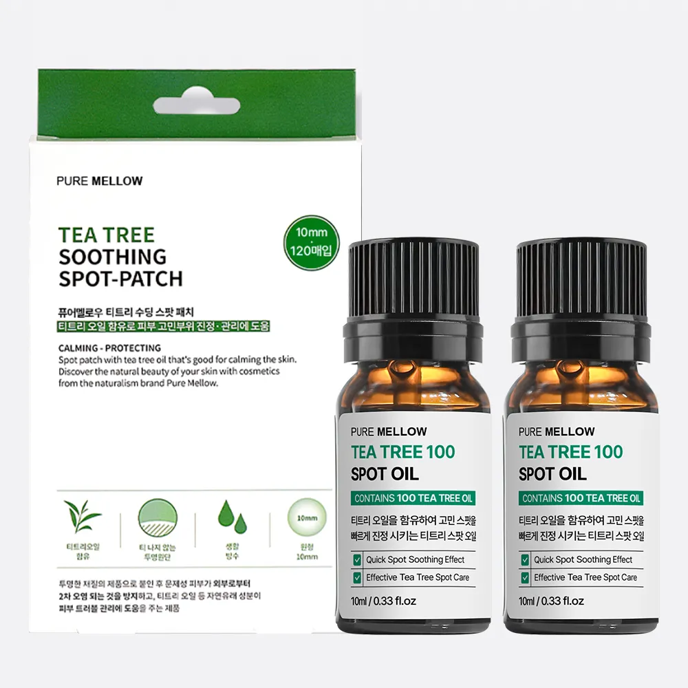 [퓨어멜로우] 티트리 100 스팟 오일 10ml x 2개 + 티트리 수딩 스팟 패치 120매 (업체별도 무료배송)