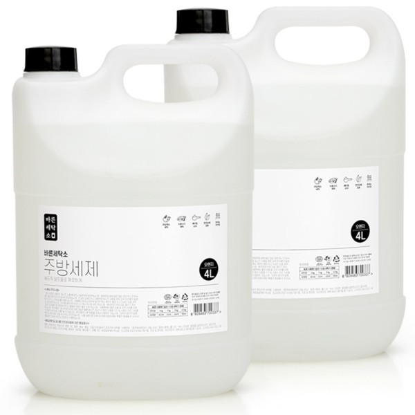 [바른세탁소] 대용량 주방세제 4L x 2개 + 펌프용기 (과일 야채 식기세척용) (업체별도 무료배송)